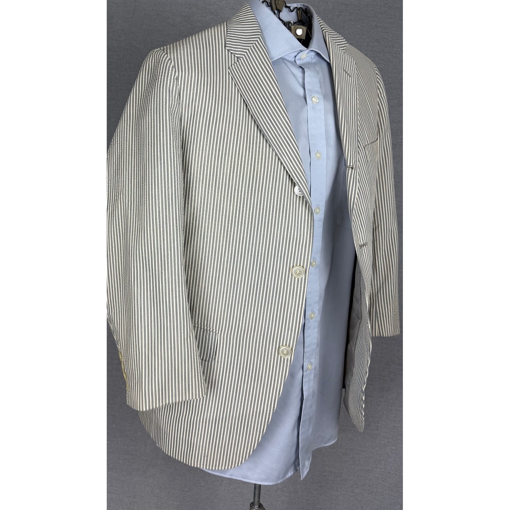 Vintage 60s Haspel Seersucker Blazer 40R Grey White Stripe Raleigh Haberdasher